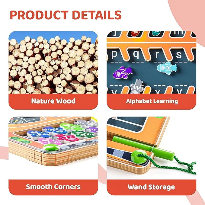 Magnetic Alphabet Letter Maze, Montessori Toys for 3+ Year Old, Wooden Puzzle Activity Board, Learning Educational Fine Motor Travel Toy for Toddlers Kids Boys Girls Preschooler 3 4 5 Year Old Toy