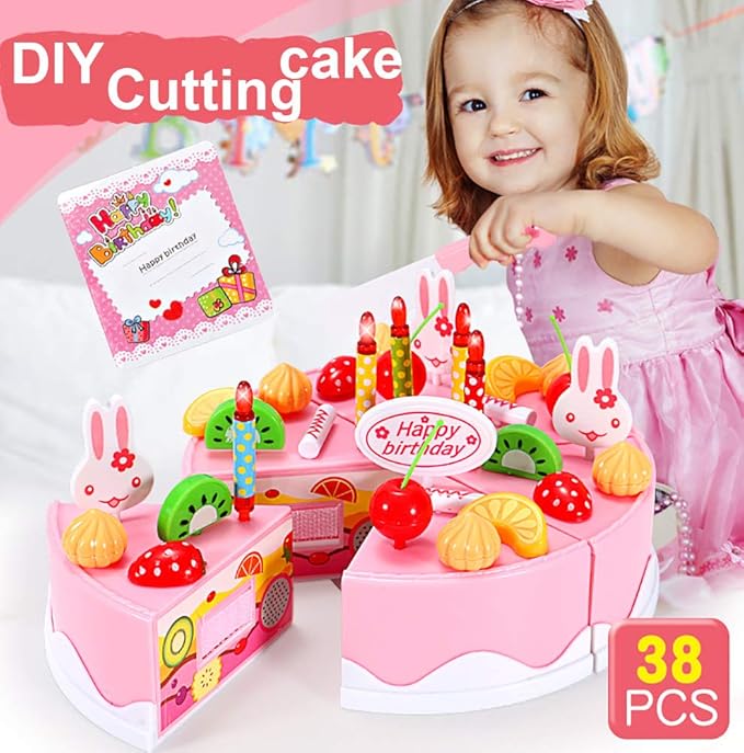38 PCS DIY Cutting Birthday Party Cake Toy Pretend Play Kitchen Food Toys Set,DIY Fruit Cutting Kitchen Toys Pink/Blue Cut Cake Toys for Girls Boys Gift (38PCS Blue)