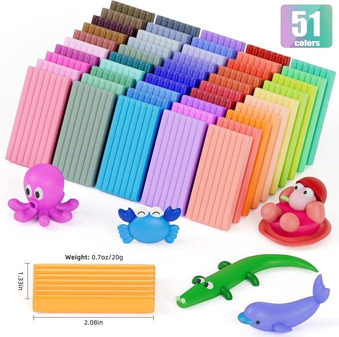 Polymer Clay Starter Kit -51 Colors, CiaraQ Oven Baking Modeling Clay Set with Sculpting Tools, Accessories, and Storage Box. Great for Crafts