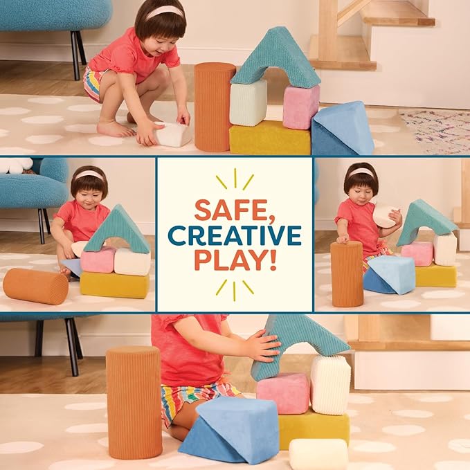 B. Toys - Sensory Foam Building Blocks for Kids - 8-Piece Textured Stacking Toys for Babies 6-12 Months - Soft Geometric Shapes with Tactile Fabric Cover - Foam Blocks for Toddlers
