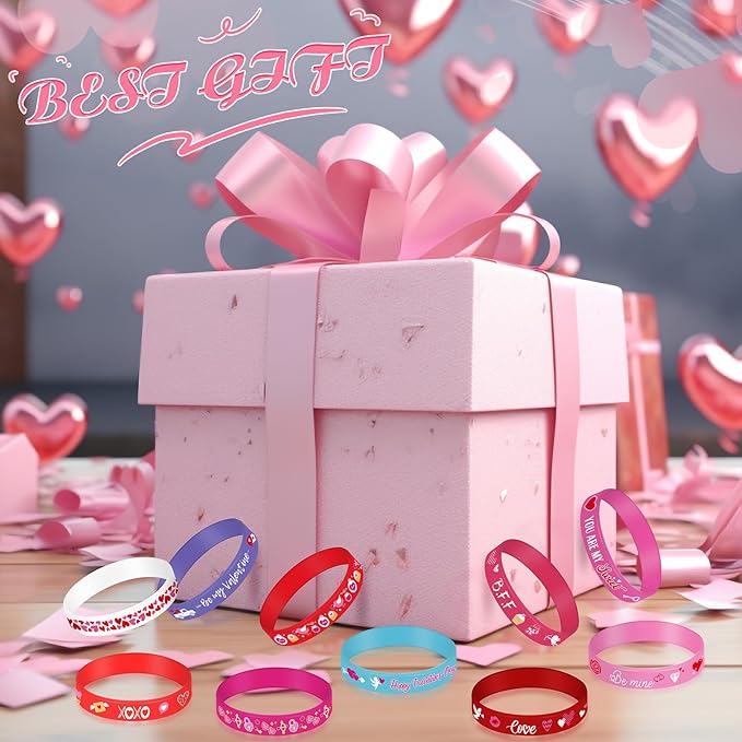 Wettarn 100 Pcs Valentines Silicone Wristband Happy Valentine's Day Wristbands Heart Rubber Bracelets Valentine's Day Party Favors Silicone Bracelets