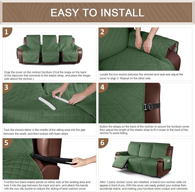 KinCam Waterproof Recliner Sofa Cover, Non-Slip Reclining Couch Covers for 3 Seat, Recliner Couch Cover Furniture Protector with Elastic Straps for Pets, Kids, Vine Green