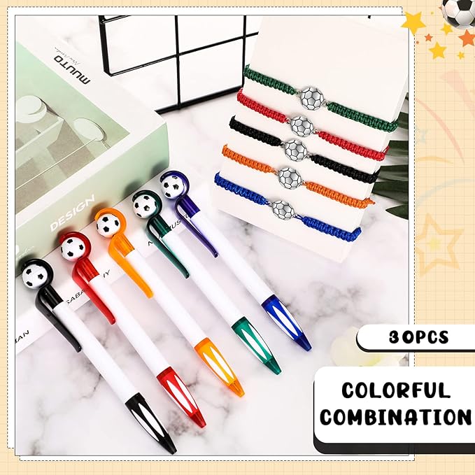 Sabary 30 Pcs Sport Theme Party Favors Set, 15 Pcs Soccer Pens 15 Pcs Soccer Theme Bracelets Ballpoint Pens Adjustable Bracelet Sport Party Gifts for Kids Teens Team Members (Multicolor)