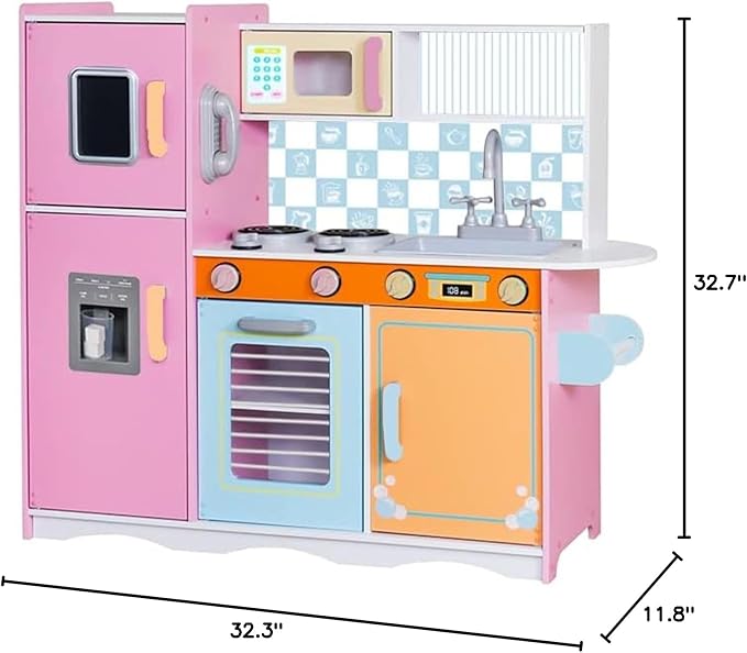 Lil' Jumbl Kids Kitchen Set, Pretend Wooden Play Kitchen with Chalk Board, Play Phone, Towel Rack & Ice Dispenser, Clicking Knobs, Pots & Utensils Included - Colorful