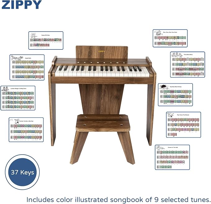 ZIPPY Kids Piano Keyboard, 37 Keys Digital Piano for Kids, Touch Sensitive Control Panel, Built-in Songs, Volume Adjustable, Music Educational Instrument, Wood Piano for 3+ Girls and Boys, Walnut Plus