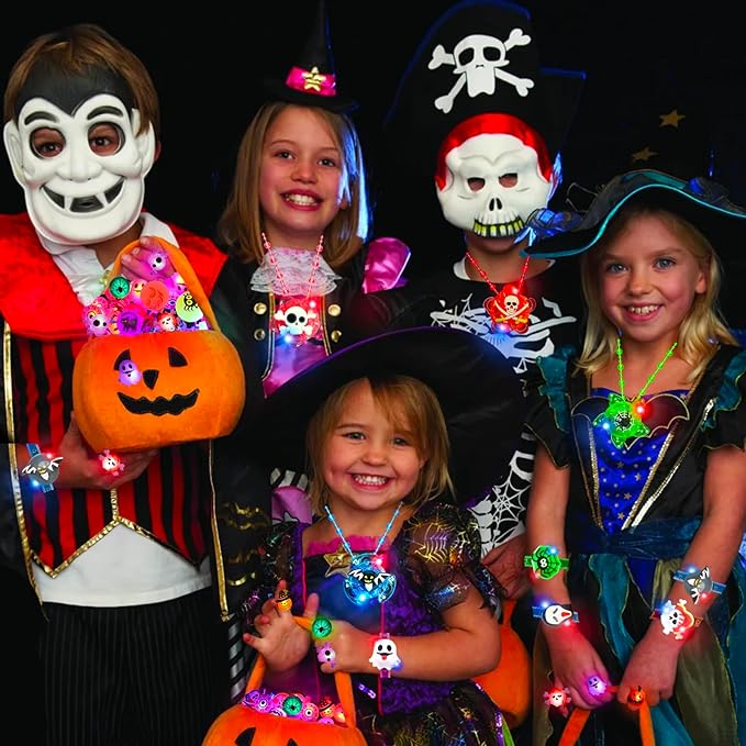 64Pcs Halloween Party Favors for Kids, Glow in The Dark Halloween Toys Bulk Light Up Rings Necklaces Bracelet Halloween Goodie Bag Fillers Stuffers Halloween Treats for Classroom Prizes Trick or Treat