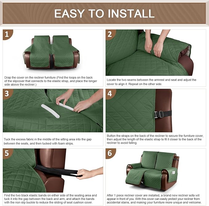 KinCam Waterproof Loveseat Recliner Cover, Non-Slip Reclining Couch Covers for 2 Seat, Recliner Sofa Cover Furniture Protector with Elastic Straps for Kids, Pets, Vine Green