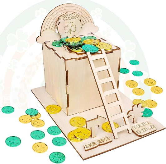 RGJ St Patrick's Day Leprechaun Trap Kit for Kids, Wooden DIY Leprechaun Trap Craft Kit to Catch A Leprechaun, St Patrick's Day Decorations for Kids Party Supplies (Unfinished Painted)