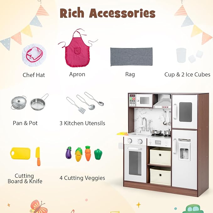 Costzon Kids Kitchen Playset, Wooden Pretend Cooking Kitchen Toy with Realistic Sounds & Light, Range Hood, Microwave, Ice Maker, Sink & Faucet, Toddler Play Kitchen, Gift for Boys & Girls 3+