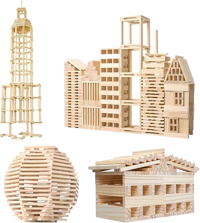 Wooden Plank Building Blocks 200PCS Sensory Toy for Kids, Montessori STEM Playset with Natural Pine Wood Creative Shapes for Educational Preschool Learning 3D Space Stacking Games for Boys Girls