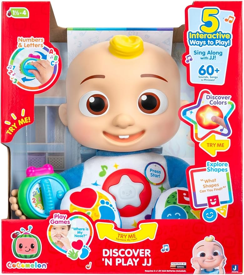 CoComelon Discover ‘N Play JJ - Explore Shapes, Colors, ABC’s, 123’s, Listen to 5 Fan-Favorite Songs, and 50+ Phrases - Feature Plush 10” JJ Doll for Kids and Preschoolers - 18 Months +