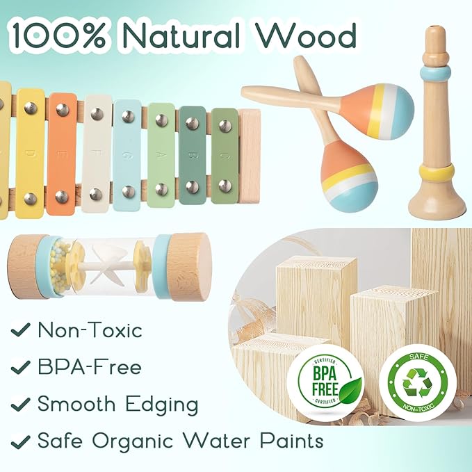Toddlers Musical Instruments - Montessori Musical Toys for Toddlers 1-3,Modern Boho Xylophone,Neutral Colors Wooden Percussion Instruments Set