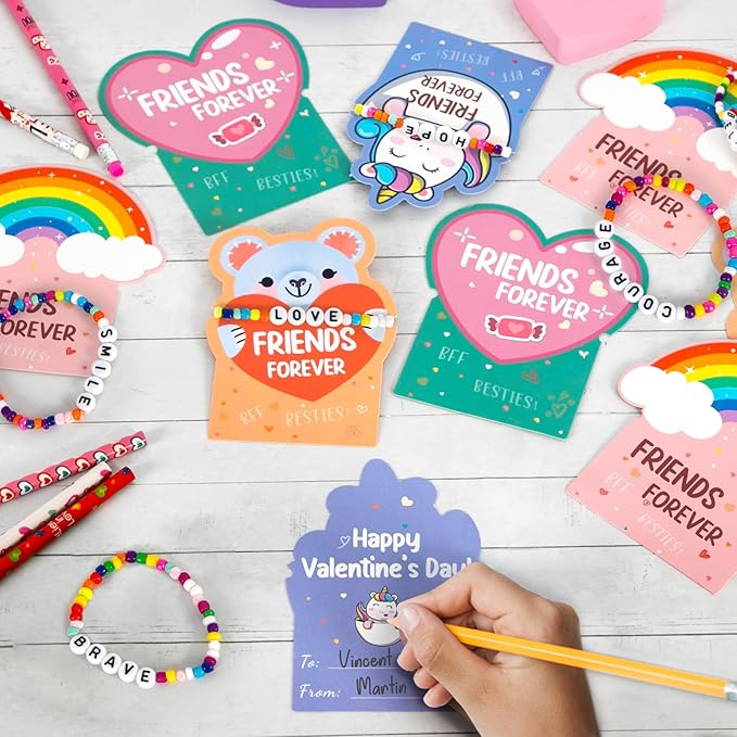 DAZONGE Valentines Day Gifts for Kids, Pack of 24 Friends Forever Valentines Cards with Friendship Bead Bracelets for Classroom Prizes, Exchange Gift, Valentineās Day Cards for Kids School