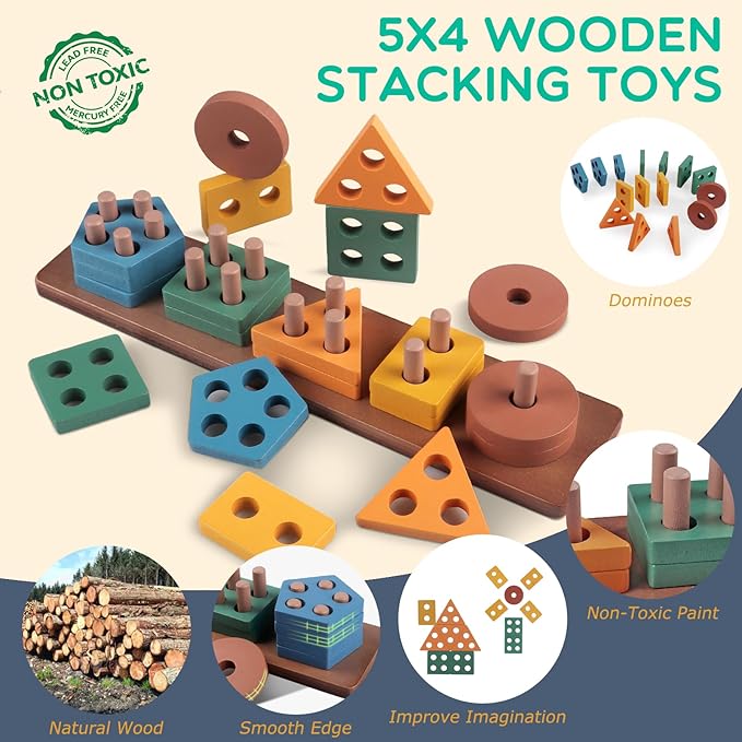 Montessori Baby Toys for 1+ Year Old - Sorting Stacking Learning Toys 6 to 12 Months, Wooden Building Blocks, Xylophone Musical, Infant Teethers Toys for Babies, 6 in 1 Toy Gifts for Toddlers