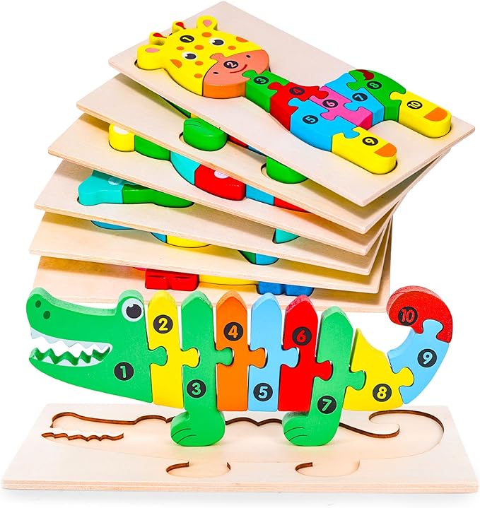 LovesTown Animal Wooden Puzzle, Jigsaw Alphabet Number Blocks, Educational Toy for Toddlers, Ideal for Gifting and Learning