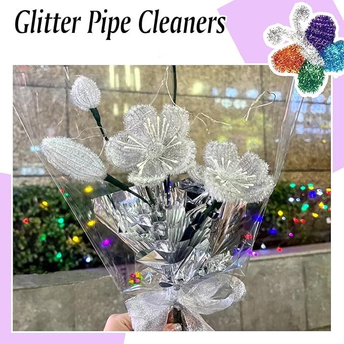 TOAOB 100pcs Glitter Pipe Cleaners 10 Colors Metallic Pipe Cleaners Craft Supplies 6mm x 12 Inch Chenille Stems Pipe Cleaners for Art DIY Crafts Decorations