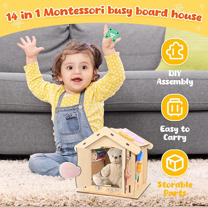 Wooden Busy Board for Toddlers Montessori Toy for Fine Motor Training and Life Skills Development-14-in-1 Toddler Activity Board Sensory Toys-Perfect Montessori Toys for over 3 years old kids