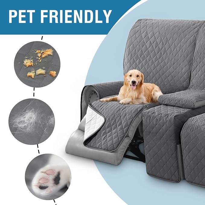 H.VERSAILTEX 100% Waterproof Loveseat Recliner Cover with Center Console Anti Slip Reclining Loveseat Cover with Adjustable Elastic Straps (Recliner Loveseat with Console, Rocket Gray)