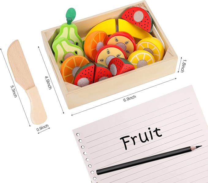 WHOHOLL Wooden Play Food with Wooden Tray & Knife, Pretend Play Cutting Food Toys, Fruits Toy Food Sets for Kids Kitchen, Mini Food Toy, Montessori Toys Learning Resources for 1-5 Year Old Toddlers