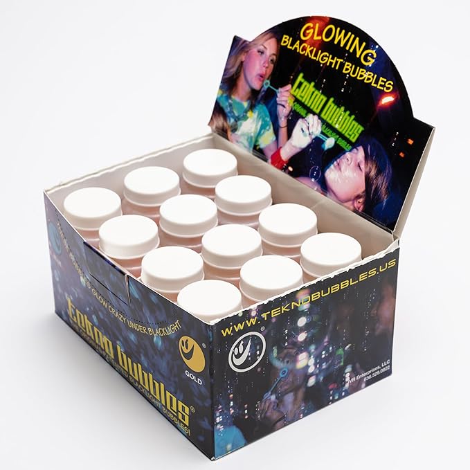 Atomic Bubbles: Tekno Bubbles - 12 Pack (6 Gold, 6 Blue) - 4oz Bottles, UV Blacklight Glow Bubbles, Glow Parties, Indoor & Outdoor, Kid Safe Non-Toxic