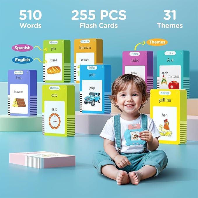 Spanish & English Talking Flash Cards for Toddler - 510 Sight Words Bilingual Learning Toys for Toddlers 3-6, 31 Themes with 3 Songs Autism Sensory Toys, Speech Therapy & Montessori Educational Gifts