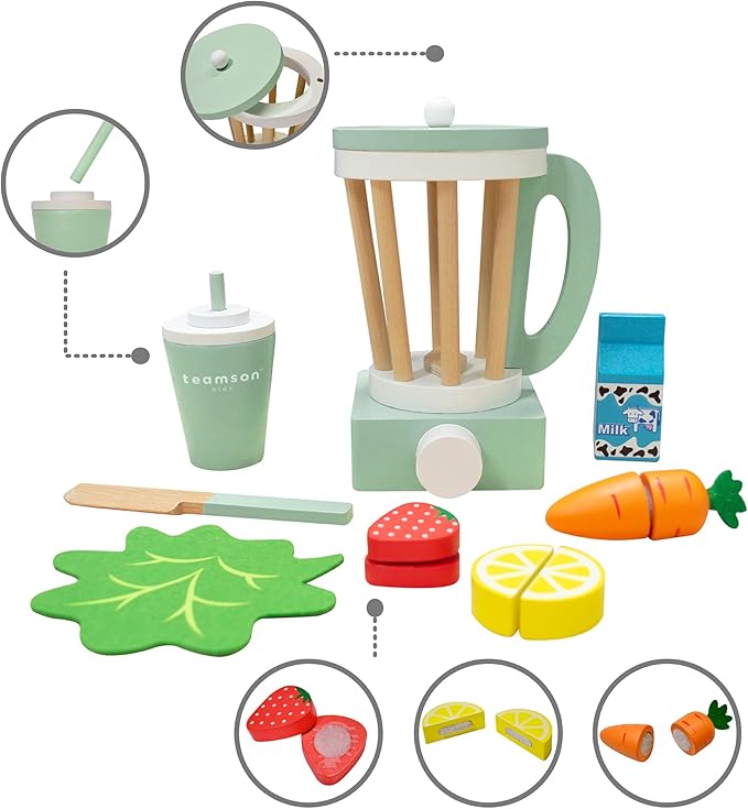 Teamson Kids Play Kitchen Accessories Little Chef 13 Piece Wooden Smoothie Blender Set with Cutting Fruit, Ingredients and to-Go Cup with Straw