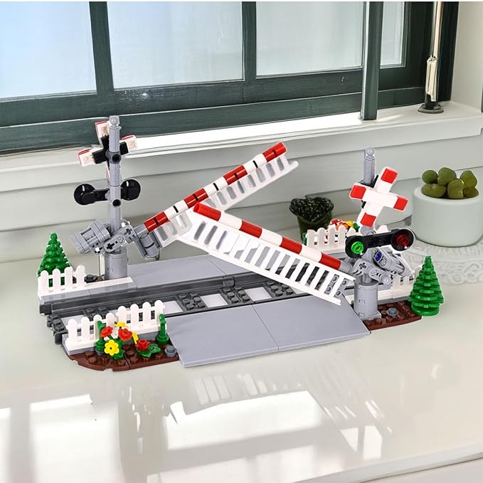 Train Tracks Building Block Set 02, City Train Track Railroad Tracks, Traffic Light Railroad Crossing Building Bricks, Compatible with Lego 853792 Accessory, Kid Gifts for Ages 6+