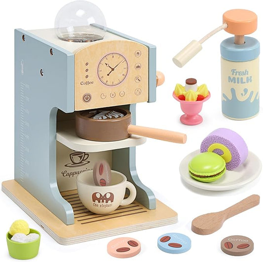 Kids Coffee Playset Kitchen Toys,Wooden Coffee Maker Toy Set with Play Kitchen Accessories, Pretend Play Coffee Set for Kids Girls Boys