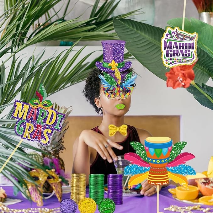 219 Pcs Mardi Gras Party Favors Set, Mardi Gras Masks, Bracelets, Beads Necklaces, Photo Booth Props, Temporary Tattoos Stickers and Coins Set, for Mardi Gras Parade Masquerade Party Decorations