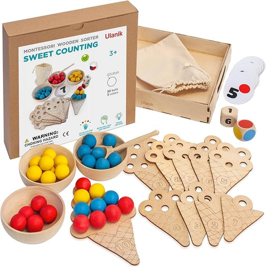 Ulanik Sweet Counting Toddler Montessori Toys for 3 Year Old + Kids Wooden Matching Game for Learning Color Sorting and Counting — 30 Balls, 0.98 in