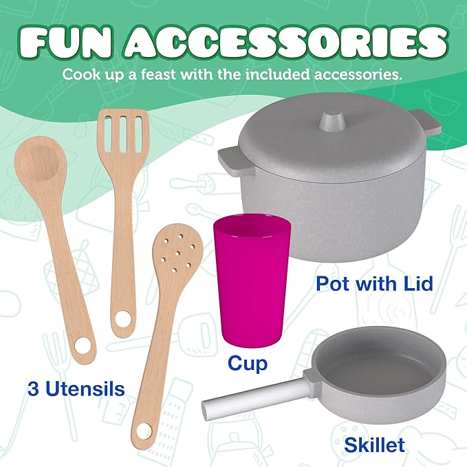 Play Kitchen - Wooden Kitchen Playset for Toddlers & Kids - Large Pretend Kitchenette for Boys & Girls - Step by Step Assembly Video Included- with 9 Kitchen Toy Accessories - Ages 3+