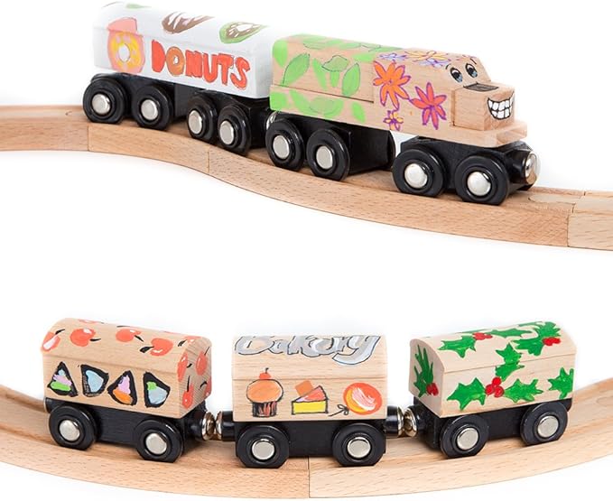 Orbrium 8 Unpainted Train Cars with 12 Colors Paint and Paint Brushes Set for Wooden Railway Compatible with Thomas, Chuggington, Brio, for Birthday Party Train Theme