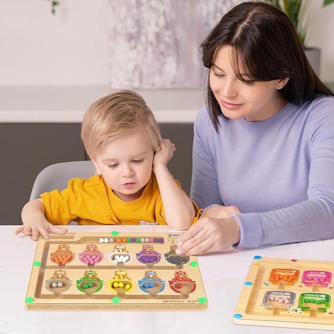 Magnetic Color and Number Maze, Wooden Color Matching Learning Counting Magnet Puzzle Board Montessori Toys, Toddler Educational Fine Motor Skills Learning Toys for Boys Girls 3+ Years Old
