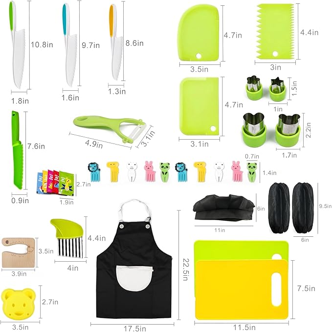 Montessori Kitchen Tools for Toddlers Cooking, Wooden Kids Kitchen Knife Set Include Plastic Toddler Safe Knives, Apron Set, Cutting Board, Sandwich Cutter, Y Peeler, Crinkle Cutter
