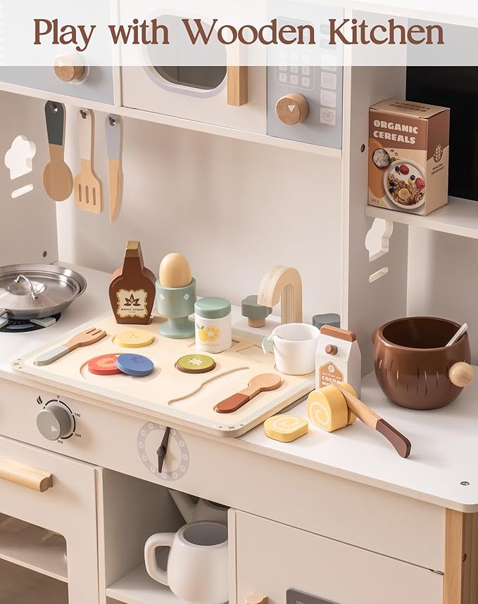 ROBOTIME Play Food Sets for Kids Kitchen, Wooden Food Toys Play Kitchen Accessories, 30+ Pieces Breakfast Set, Montessori Pretend Play Kitchen Toys, Gift for Boys & Girls Ages 3-6