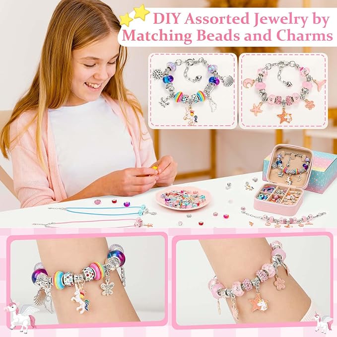 110 Charm Bracelet Making Kit, Jewelry Making Kit for Girls DIY Bead Necklace Kit with Initial Bracelet Box Unicorns Crafts Arts Girls Toys Age 8-12 Birthday Valentines Day Gifts for Kids - C
