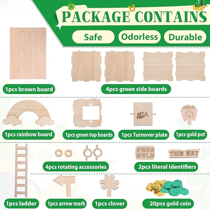 RGJ St Patrick's Day Leprechaun Trap Kit for Kids, Wooden DIY Leprechaun Trap Craft Kit to Catch A Leprechaun, St Patrick's Day Decorations for Kids Party Supplies (Unfinished Painted)
