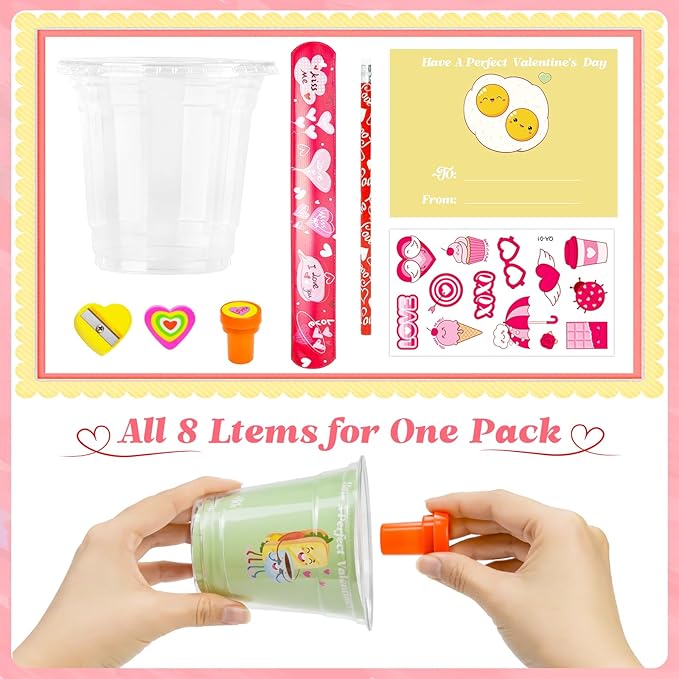 Valentines Day Gifts for Kids, 24 Packs Bulk Stationery Gift for School 192 Pcs Include Cards Pencil Cup Slap Bracelet Eraser Cup Stampers Valentine's Day Classroom Exchange Gifts Party Favors Toys