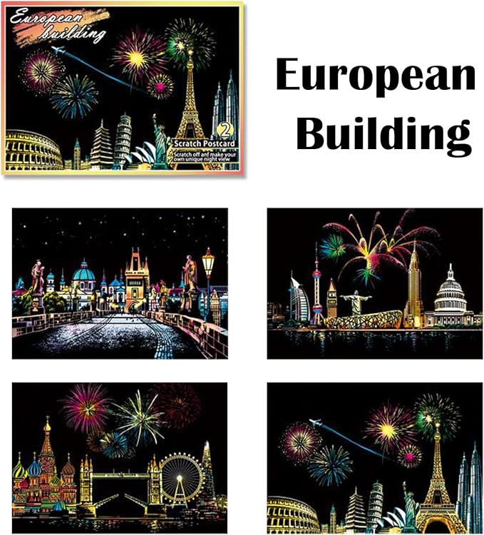 Georgie Porgy Scratch Paper Art Set DIY Arts and Crafts Kits for Kids Adults Magic Rainbow Scratch Postcards for Christmas Birthday Gift with Scratching Tools Kit (Europe Fireworks Architecture)