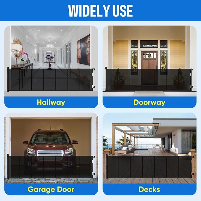 34X120” Extra Wide Safety Retractable Baby Gate, Extra Wide Safety Kids or Pets Gate, 34” Tall, Extends to 120” Extra Wide, Built-in Reinforce Strip Mesh Safety Dog Gate for Stairs (34”X120”, Black)