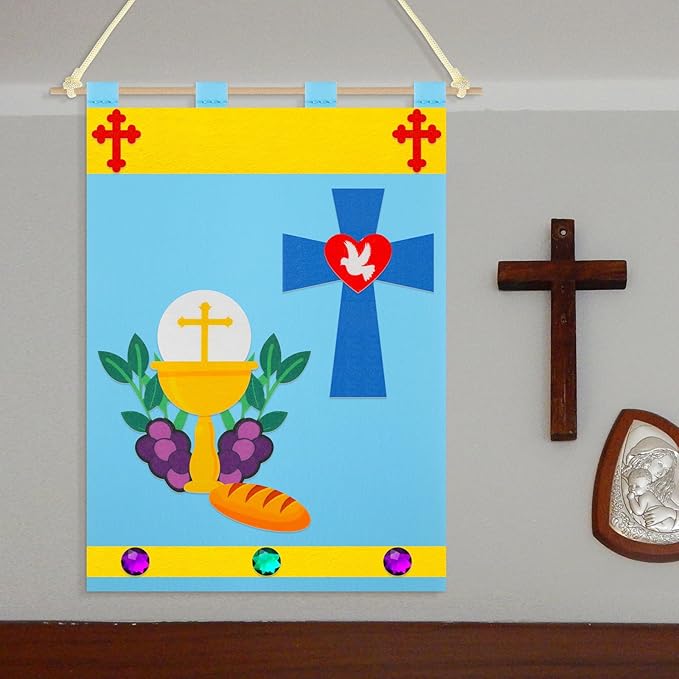 12 Set First Communion Banner Craft Kit Felt Holy 1st Communion Banner Church and Sunday School Crafts for Kids DIY Craft Supplies Decor, 9 x 12 Inches(Classic Style)