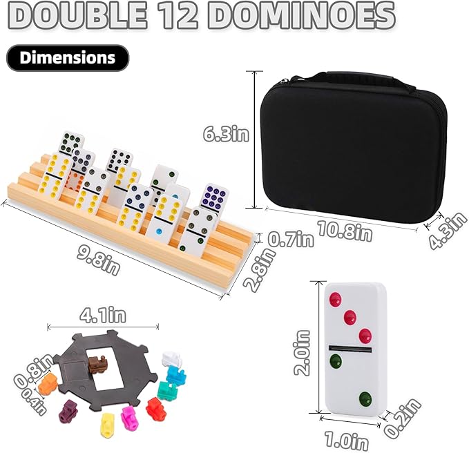 Mexican Train Dominoes Game Set with 4 Wooden Racks, Double 12 Colored Dot Dominoes with Update Hub, Travel Domino Train Game with 91 Tiles and Portable Case, Family Board Team Games