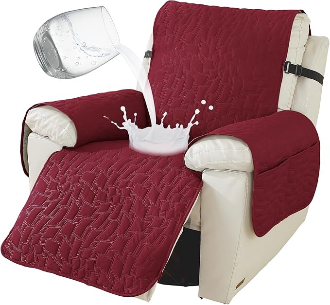 100% Waterproof Recliner Chair Covers for Reclining Chair, Small Recliner Covers That Stay in Place, Non-Slip Recliner Armchair Cover with Pockets for Kids, Pets, Dogs, Cat, Washable,Red,23IN