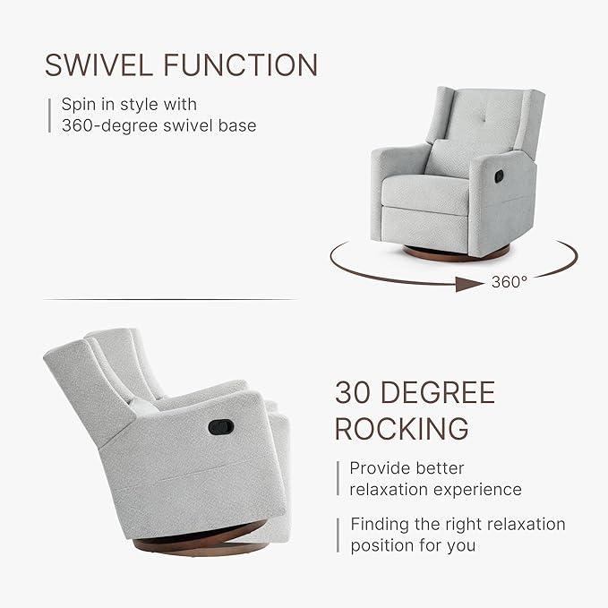 Upholstered Recliner Swivel Glider Nursery Chair Reclining Performance Fabric Rocker with Wood Base,Boucle,Grey