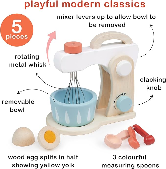 Mentari Toys - Cake Mixer - 7pc Wooden Baking Play Set - Pretend Play Kitchen Accessory with Bowl, Rotating Whisk, Egg and Measuring Spoons - Encourages Role Play and Fine Motor Skills - Age 3+