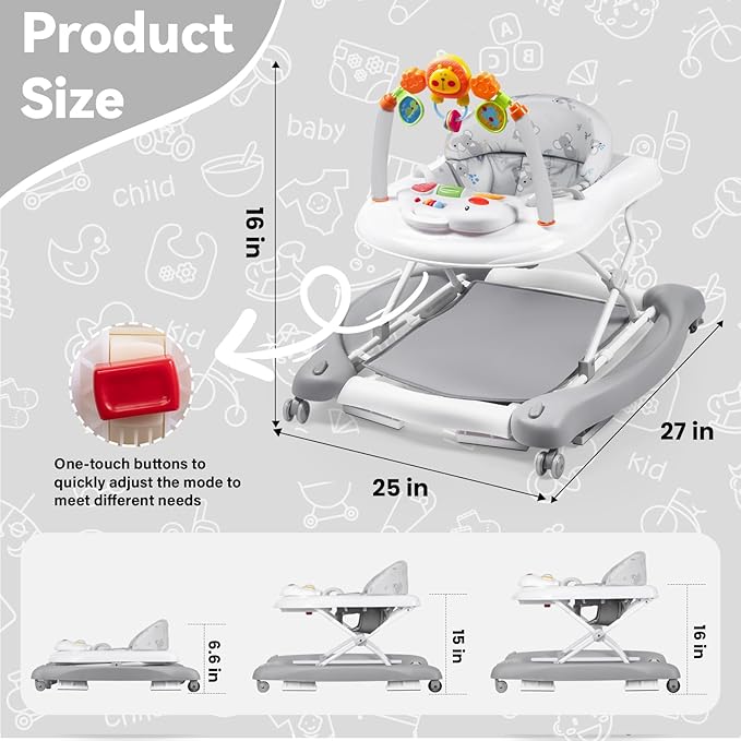 Baby Walker, 5 in 1 Baby Walkers for Boys Girls 6-12 Months, Foldable Walkers for Babies with Bouncer & Feeding Tray, Music, Adjustable Heights, Activity Walker for Infant