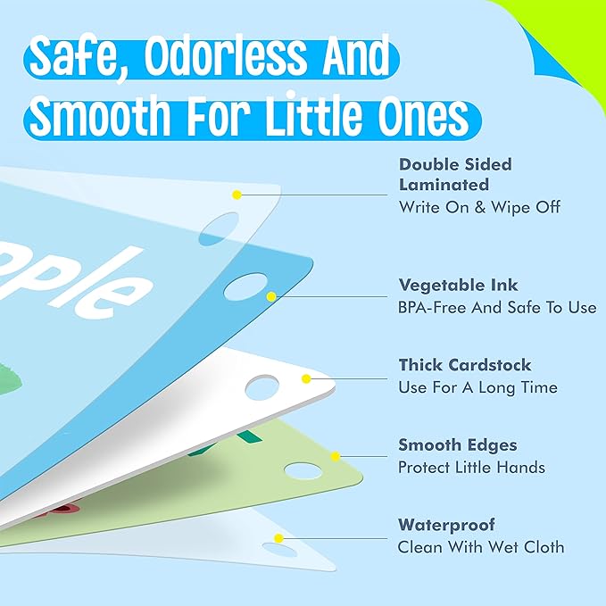 50 PCS Kid First Cognitive Flashcards,Double Sided Printed 7 in 1 Colorful Cards Alphabet,Numbers, Foods,Animals,Shapes,Colors with 3 Reclosable Rings,Learning Tool for Pre-K Kindergarten Toddlers