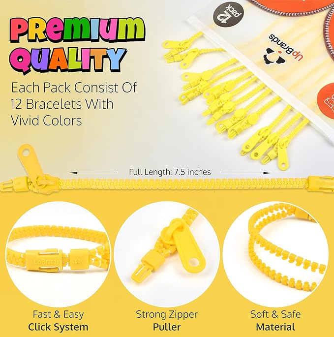 UpBrands 12-Pack Yellow 7-Inch Zipper Bracelets – Fidget Party Favors for Kids, Bulk Sensory Toys for Anxiety, and Stylish Accessories for Friendship and Kindness Celebrations