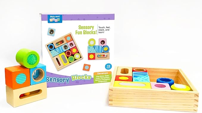 Brilliant Baby® Sensory Fun Blocks | Montessori Toy | Toddler Learning | Educational Wooden Baby Toy with Sensory Touch and Feel for Early Childhood Development | Interactive Toy for Toddler and Baby