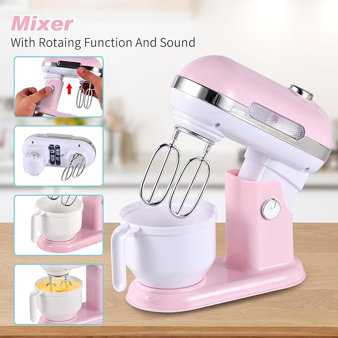 Kitchen Appliances Toys, Play Kitchen Accessories, Toy Kitchen Appliances for Kids, Pretend Kitchen Toys with Coffee Maker, Mixer and Toaster, Toy Kitchen Set Birthday Gift for Kids Ages 3+ (Pink)